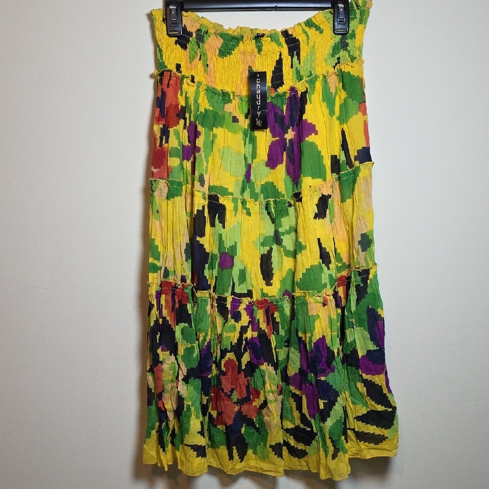 Vibrant Yellow and Green Boho Midi Skirt - Picture 1 of 7